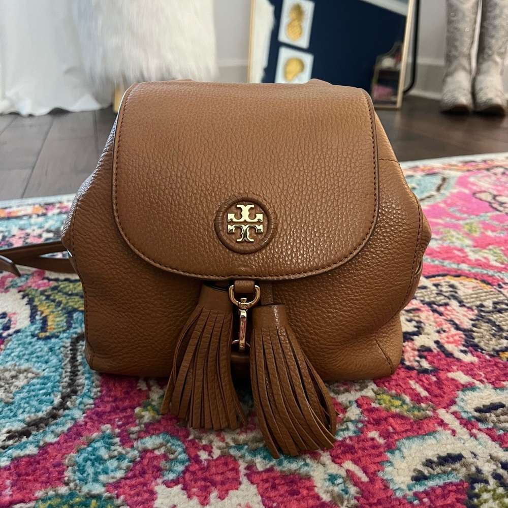 Tory Burch Mini Backpack Purse Whipstitch Logo Brown/Tan Leather